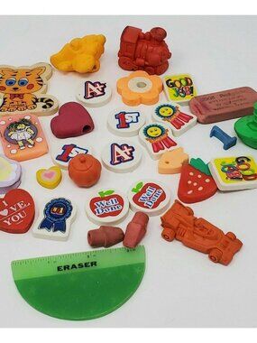 Vintage Assorted Erasers Lot Novelty Car Fruit Boat Cat Fun Shapes & Designs